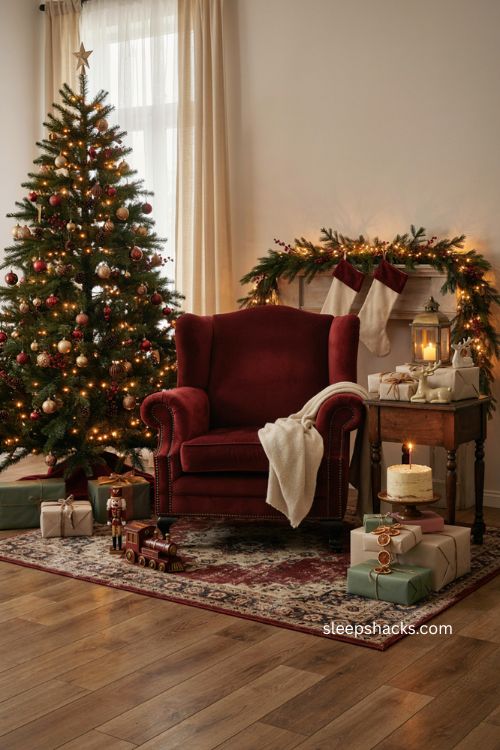 Christmas birthday party ideas with Santa chair and festive photo corner 