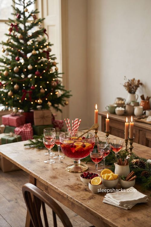 Christmas birthday party ideas with festive cranberry punch bowl 