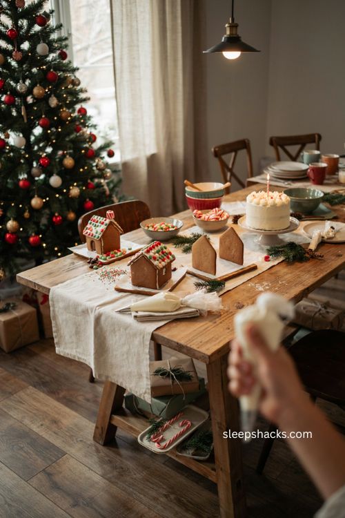 Christmas birthday party ideas with gingerbread house building station 