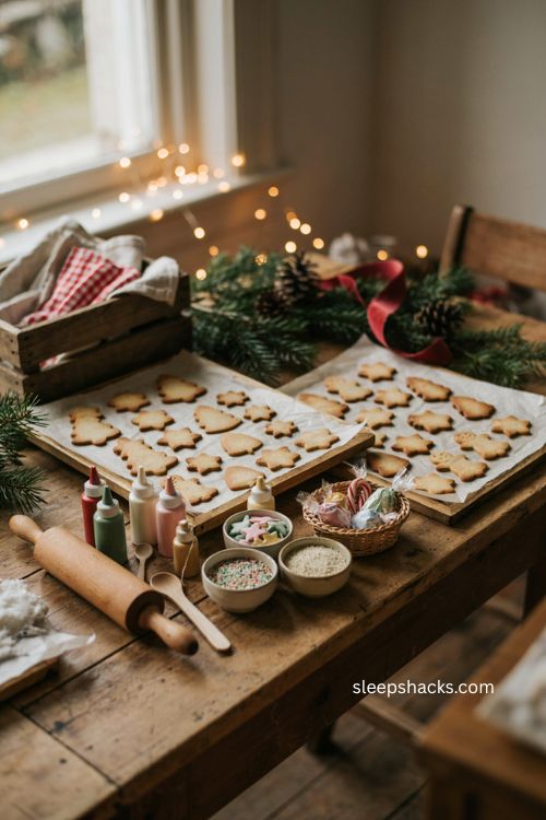 Christmas biscuit decorating table with festive cookies icing and sprinkles 