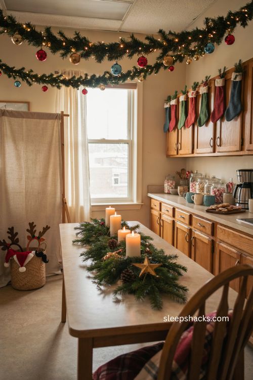 Christmas break room decorating ideas with hot cocoa station stockings and festive photo booth 