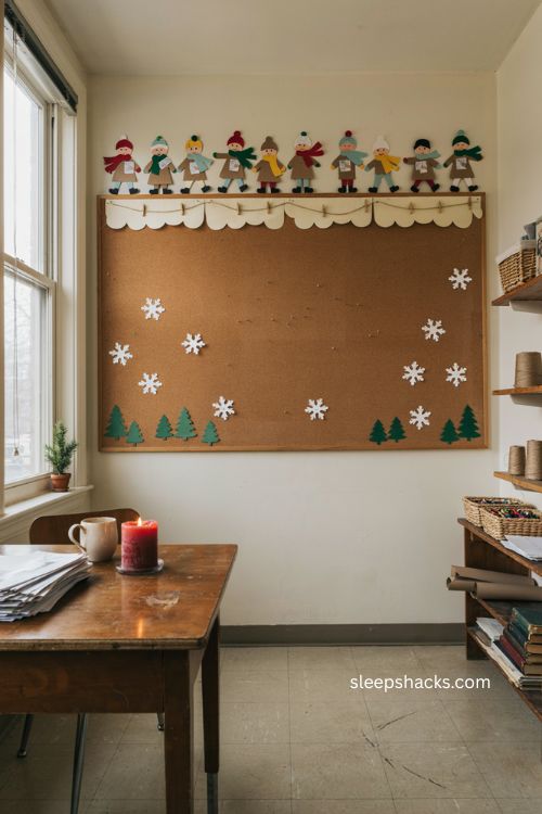 Christmas bulletin board with paper carolers and scalloped border 
