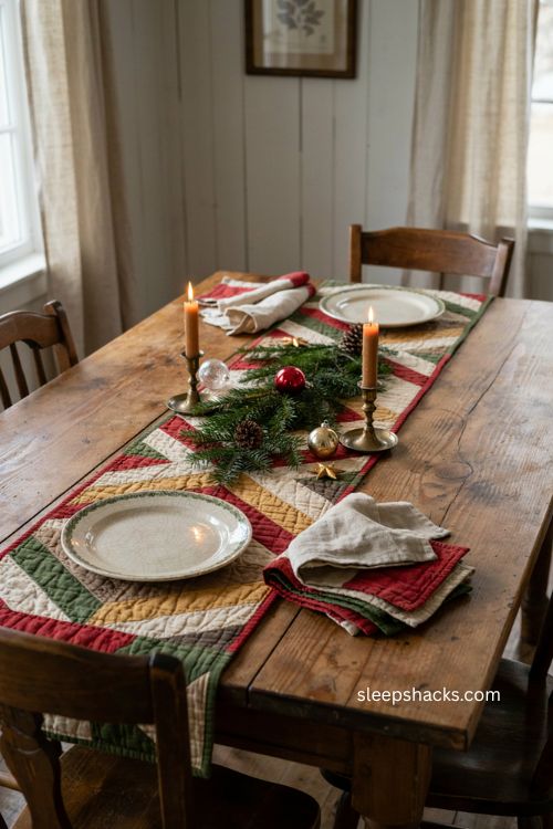 Christmas cabin table runner pattern with courthouse steps quilt blocks