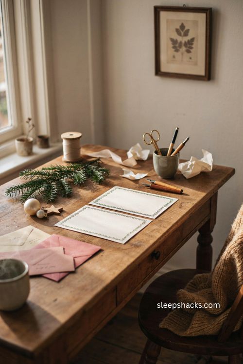 Christmas card ideas for boyfriend with cozy handwritten card writing corner and romantic holiday decor 