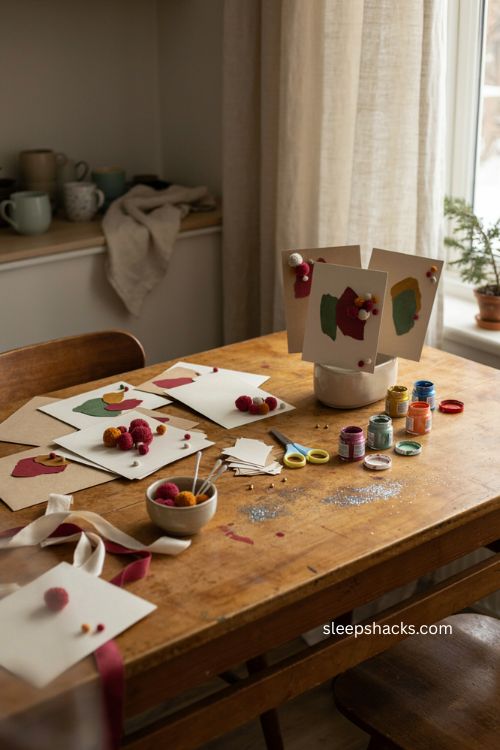 Christmas card ideas for kids with easy handmade crafts paint pom poms and cozy holiday crafting setup 