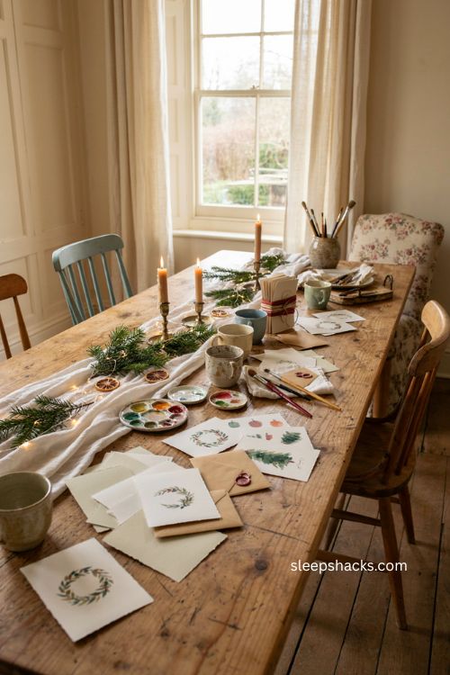 Christmas card painting party ideas with cozy watercolor craft decor 