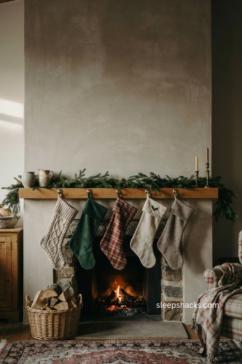 Christmas chimney decor with cozy stockings and evergreen mantel