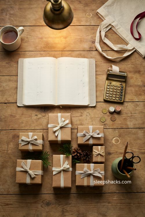 Christmas client gift budget planning with wrapped gifts cozy home office and organized holiday shopping 