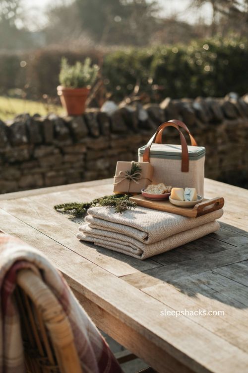 Christmas client picnic gift pack with picnic blanket cooler bag cheeseboard and outdoor holiday styling 