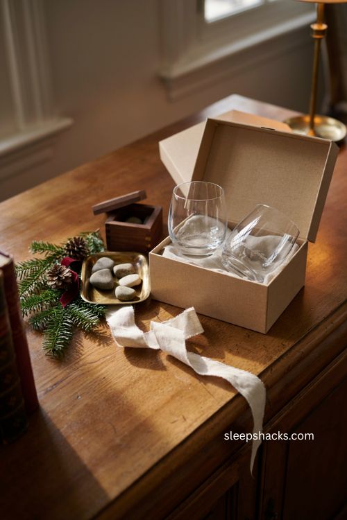 Christmas client whiskey stone and glassware gift set with elegant personalized holiday details 