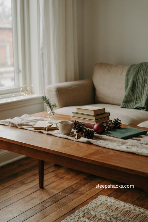 Christmas coffee table styling with holiday books and simple seasonal decor 