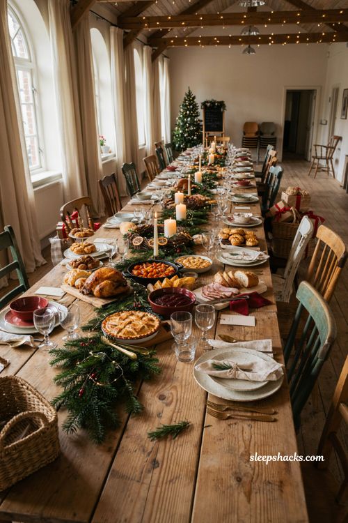 Christmas community big lunch ideas with cozy shared meal table decor
