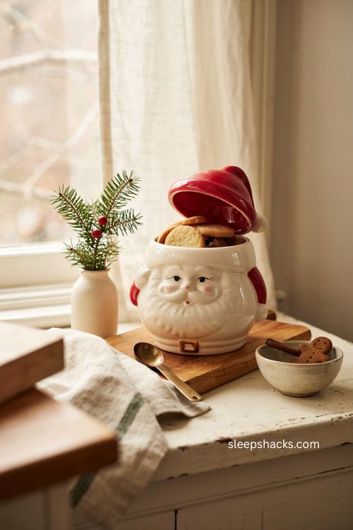 Christmas cookie jar counter decor with evergreen sprig 