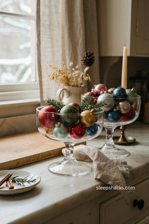Christmas counter decor with vintage ornaments in glass bowls 