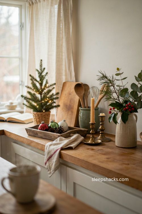 Christmas countertop decor ideas with small cozy holiday groupings in a cottage kitchen 