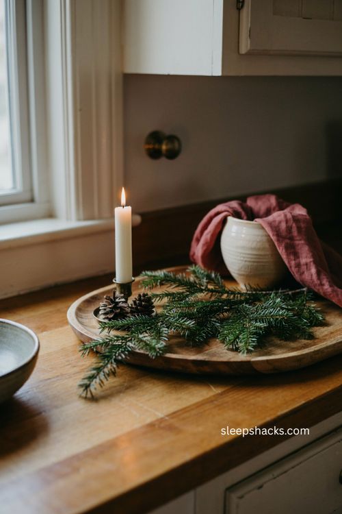 Christmas countertop decor with greenery candle and natural wood 