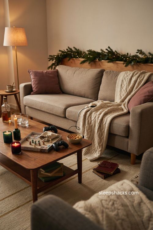 Christmas cozy night in gift bundle for boyfriend with weighted blanket games and whiskey 