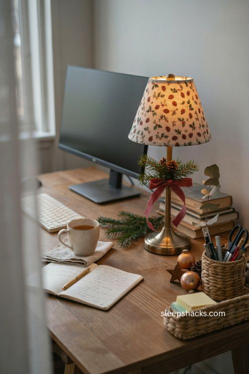Christmas desk lamp decorating ideas with cozy festive office workstation decor 