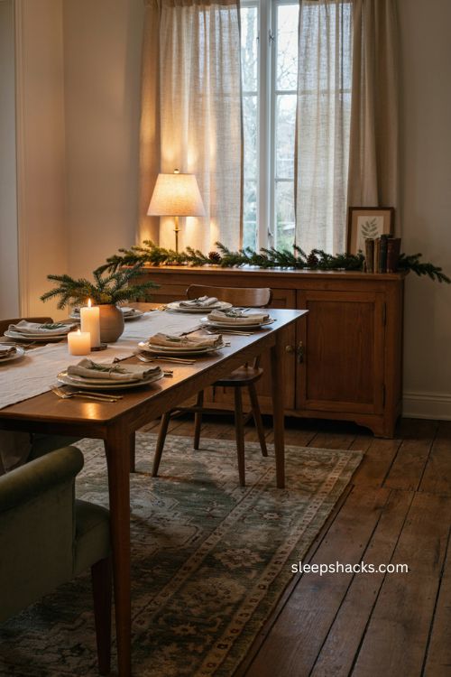 Christmas dining room decor with soft lamp lighting and warm cozy ambiance 
