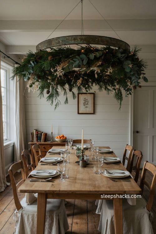 Christmas dining table decor with hanging greenery garland and chandelier 