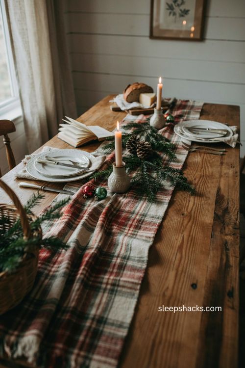 Christmas dinner table ideas with a cozy plaid throw table runner 