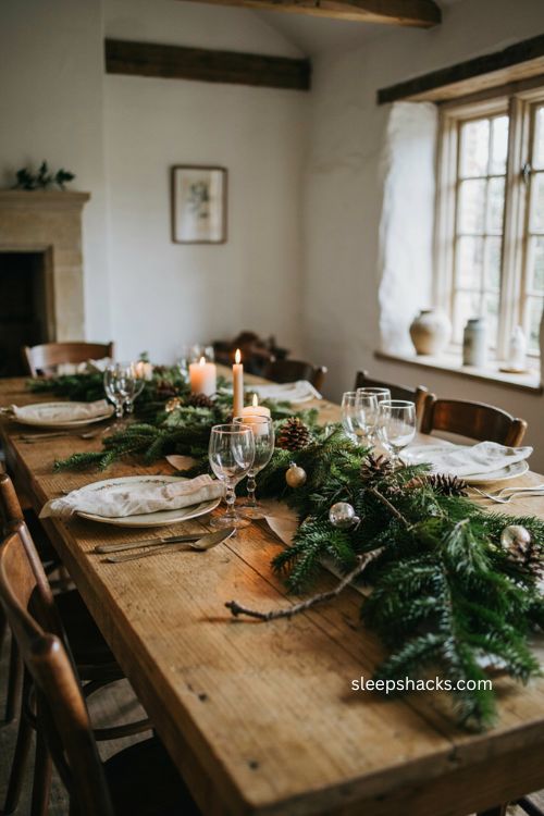 Christmas dinner table ideas with a foraged greenery runner and pinecones 