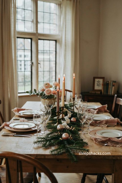 Christmas dinner table ideas with a soft blush pink holiday color palette 