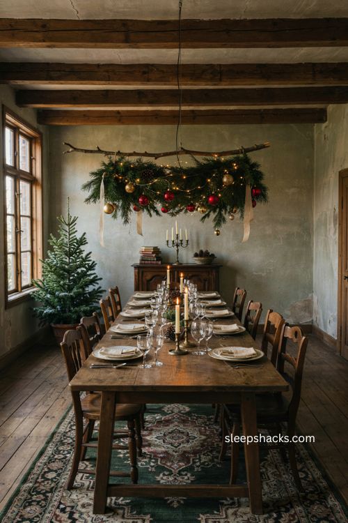 Christmas dinner table ideas with an overhead greenery chandelier centerpiece 