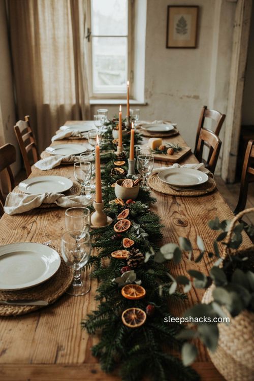 Christmas dinner table ideas with earthy neutral colors dried oranges and greenery 