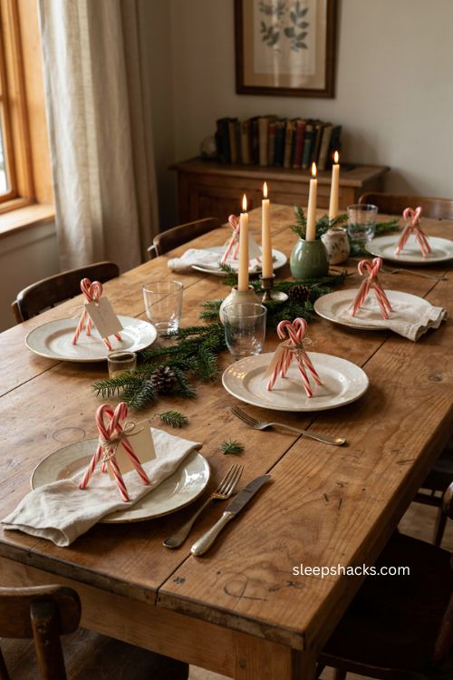 Christmas dinner table ideas with edible candy cane place card holders 