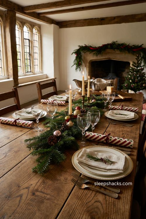 Christmas dinner table ideas with festive Christmas crackers at each place setting 