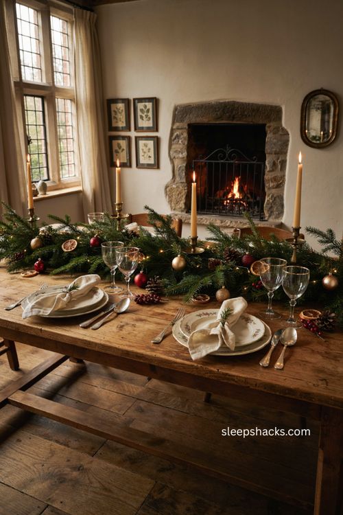 Christmas dinner table ideas with garland ornaments and twinkle lights 