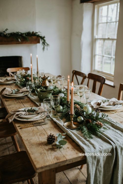 Christmas dinner table ideas with layered shades of green and white 