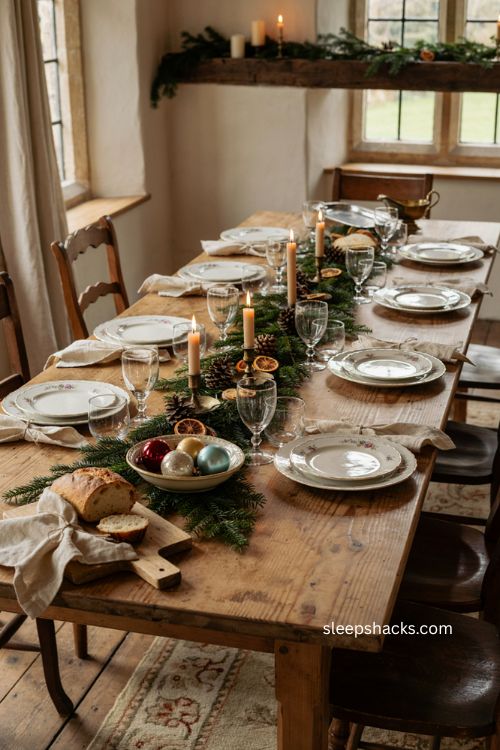 Christmas dinner table ideas with low centerpieces and open sightlines 