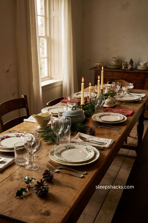 Christmas dinner table ideas with vintage china and mismatched holiday plates 