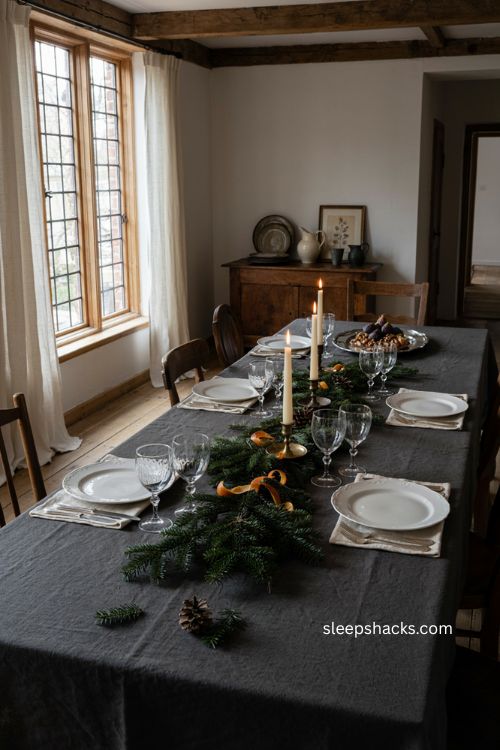 Christmas dinner table ideas with vintage gold flatware and white dishes 