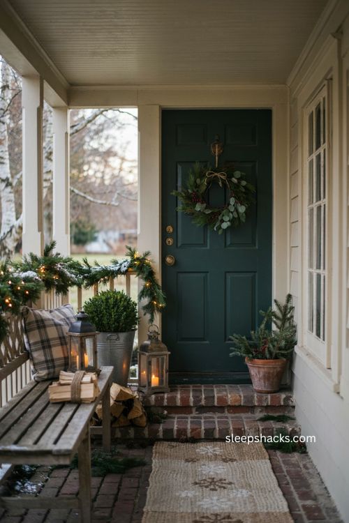 Christmas door mat ideas with cozy holiday porch decor and welcoming entryway styling 