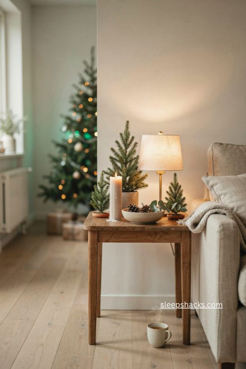 Christmas end table decor styled in threes with candle mini tree and ceramic bowl 