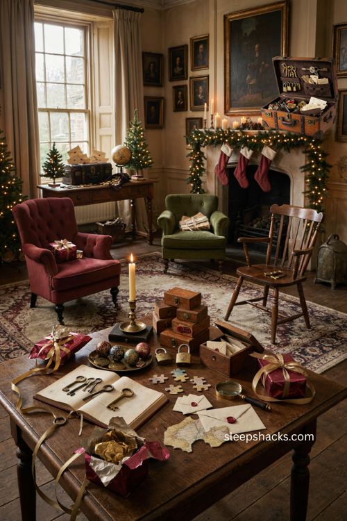 Christmas escape room party ideas for adults with festive puzzle decor 