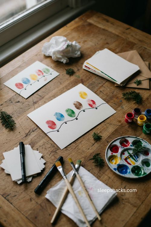 Christmas fingerprint light string cards handmade kids craft with colorful painted bulbs and cozy holiday supplies 