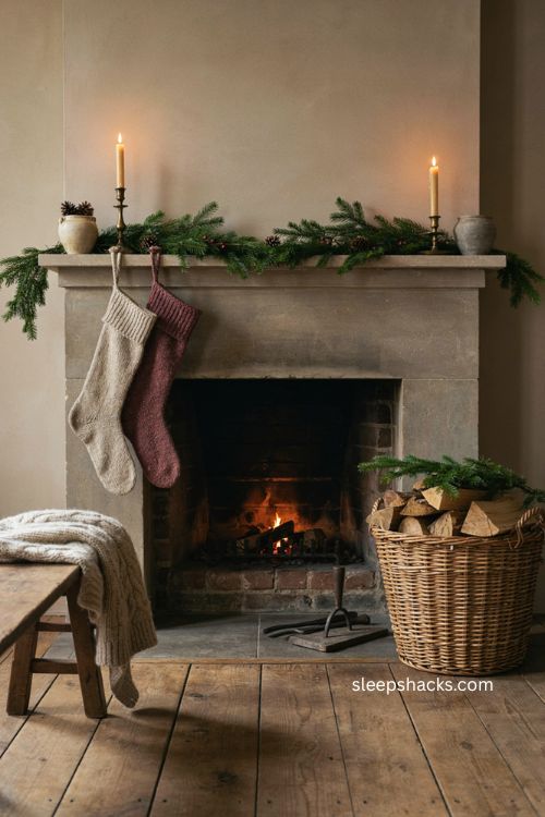 Christmas fireplace hearth with woven basket firewood evergreen branches and cozy mantel garland