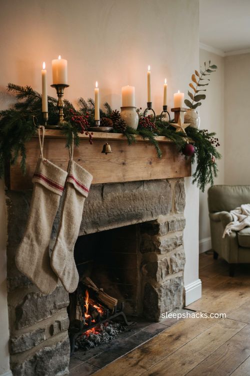 Christmas fireplace mantel with glowing candles evergreen garland and cozy holiday decor