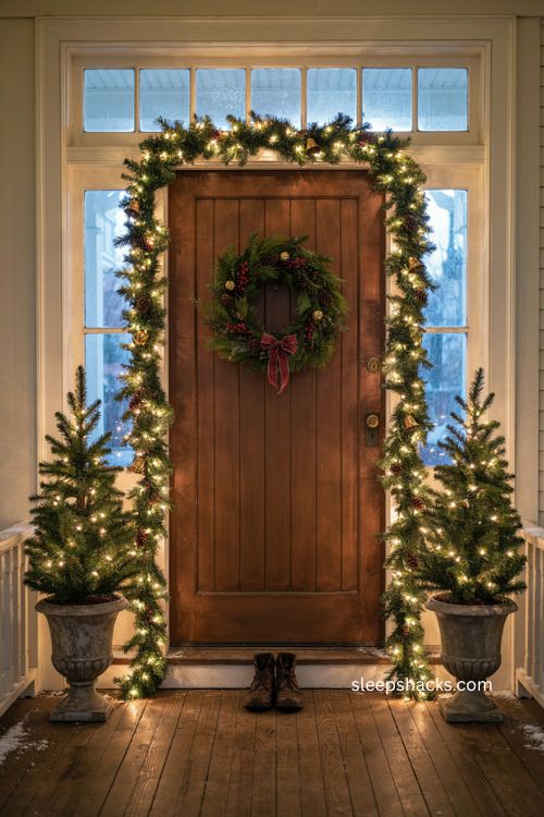 Christmas front door garland set with pre lit greenery mini trees in urns and cozy holiday entrance decor 