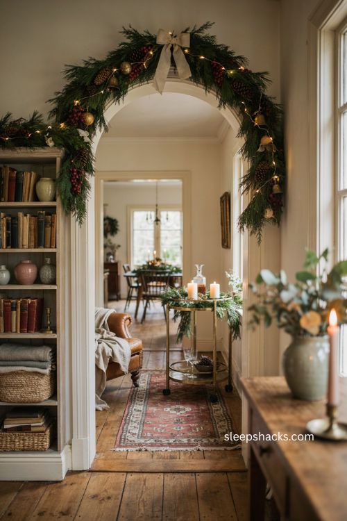Christmas garland around doorways and shelves without a tree 