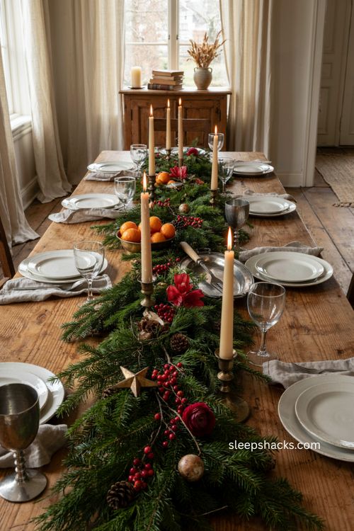 Christmas garland dining table centerpiece with red flowers and metallic accents