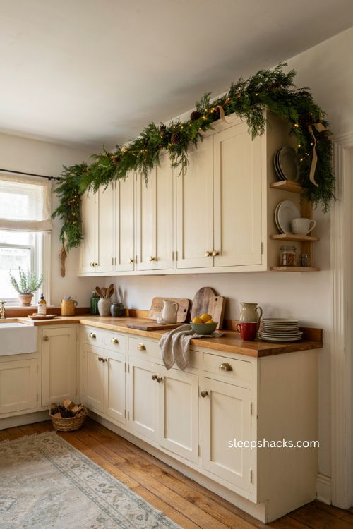 Christmas garland draped above kitchen cabinets with pinecones and warm lights 
