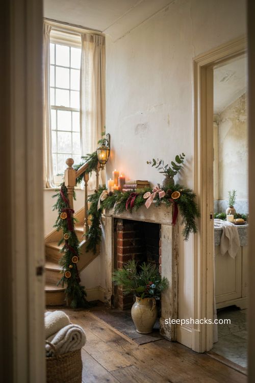 Christmas garland ideas with greenery citrus slices paper bells and vintage decor