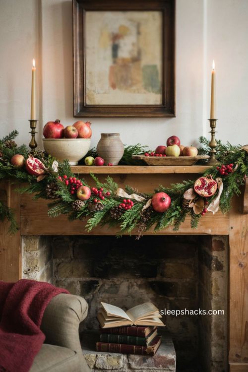 Christmas garland with berries pomegranates and apples on mantel