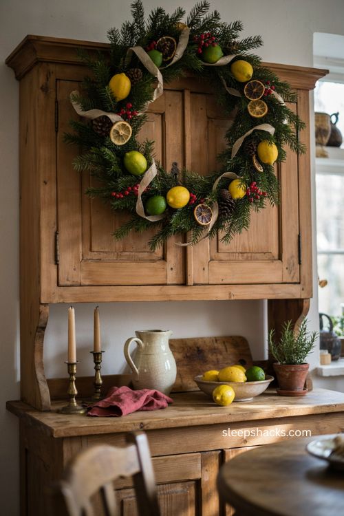 Christmas garland with lemons limes and fresh citrus in farmhouse kitchen