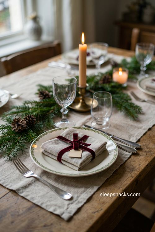 Christmas gift box napkin folding idea with ribbon for holiday table 
